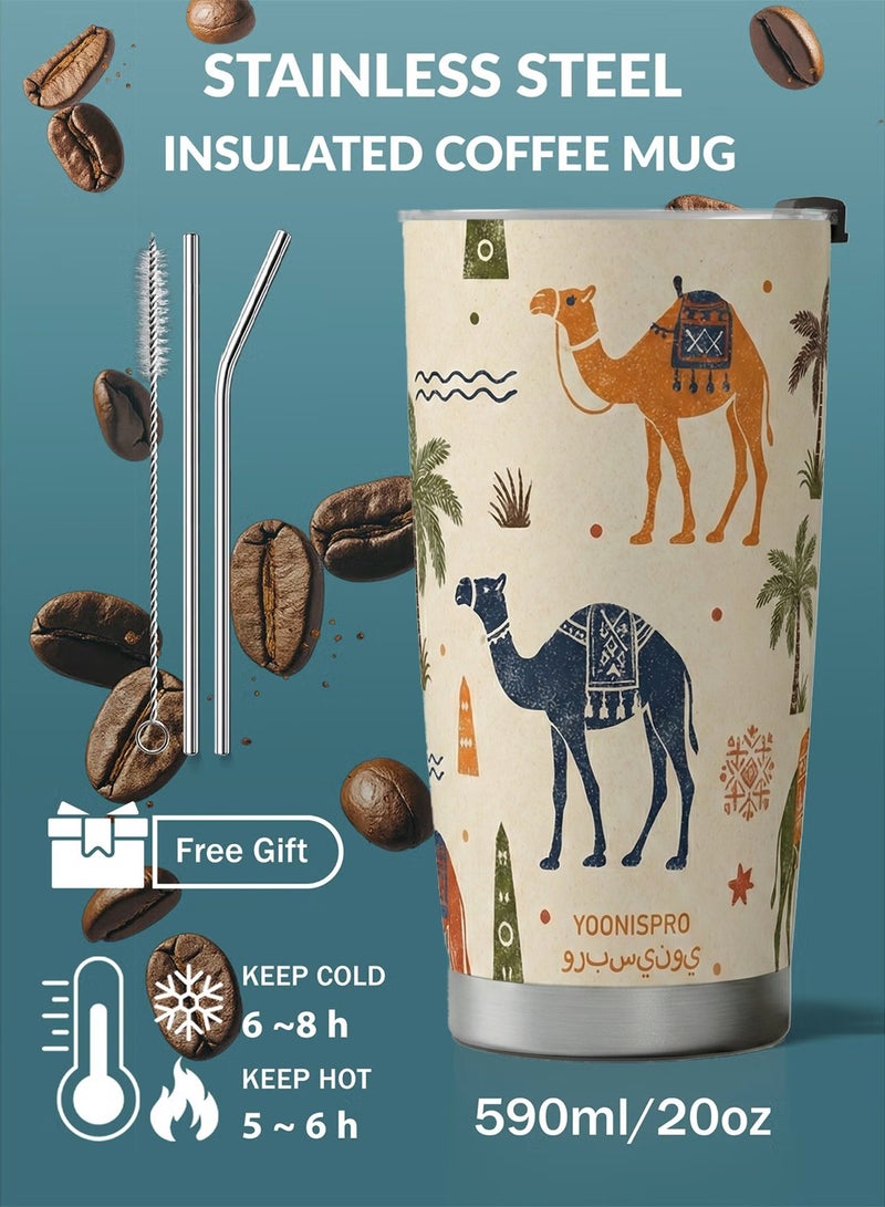 YOONISPRO Travel Coffee Mug 20oz/590ml, 304 Stainless Steel Double-Wall Vacuum Insulated Car Cup with Straw and Brush, Suitable for Iced & Hot Drinks, Light Brown Desert & Camel Design, Ideal Gift - Image 2